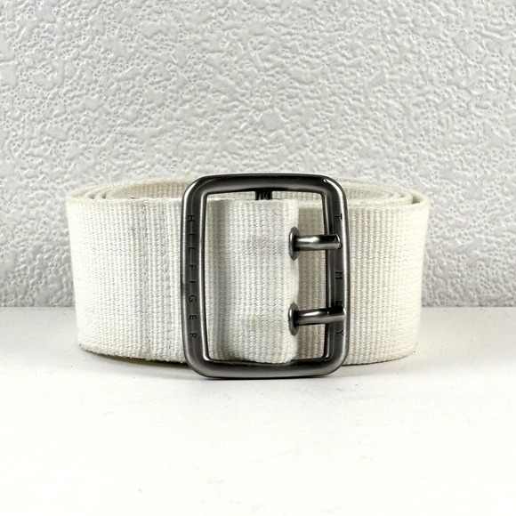 Tommy Hilfiger Accessories - Tommy Hilfiger Webbed Belt Womens XL White Double Prong Canvas Wide Preppy Y2K